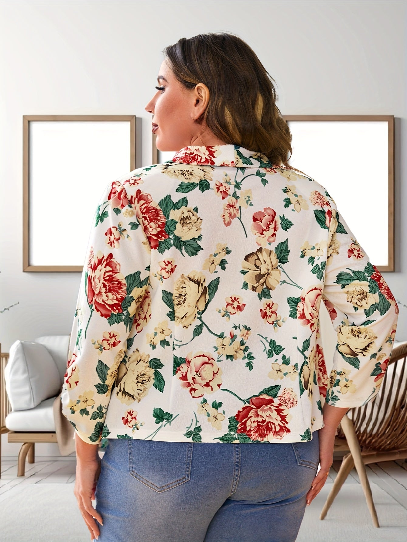  Floral Print Long Sleeve Casual Blazer