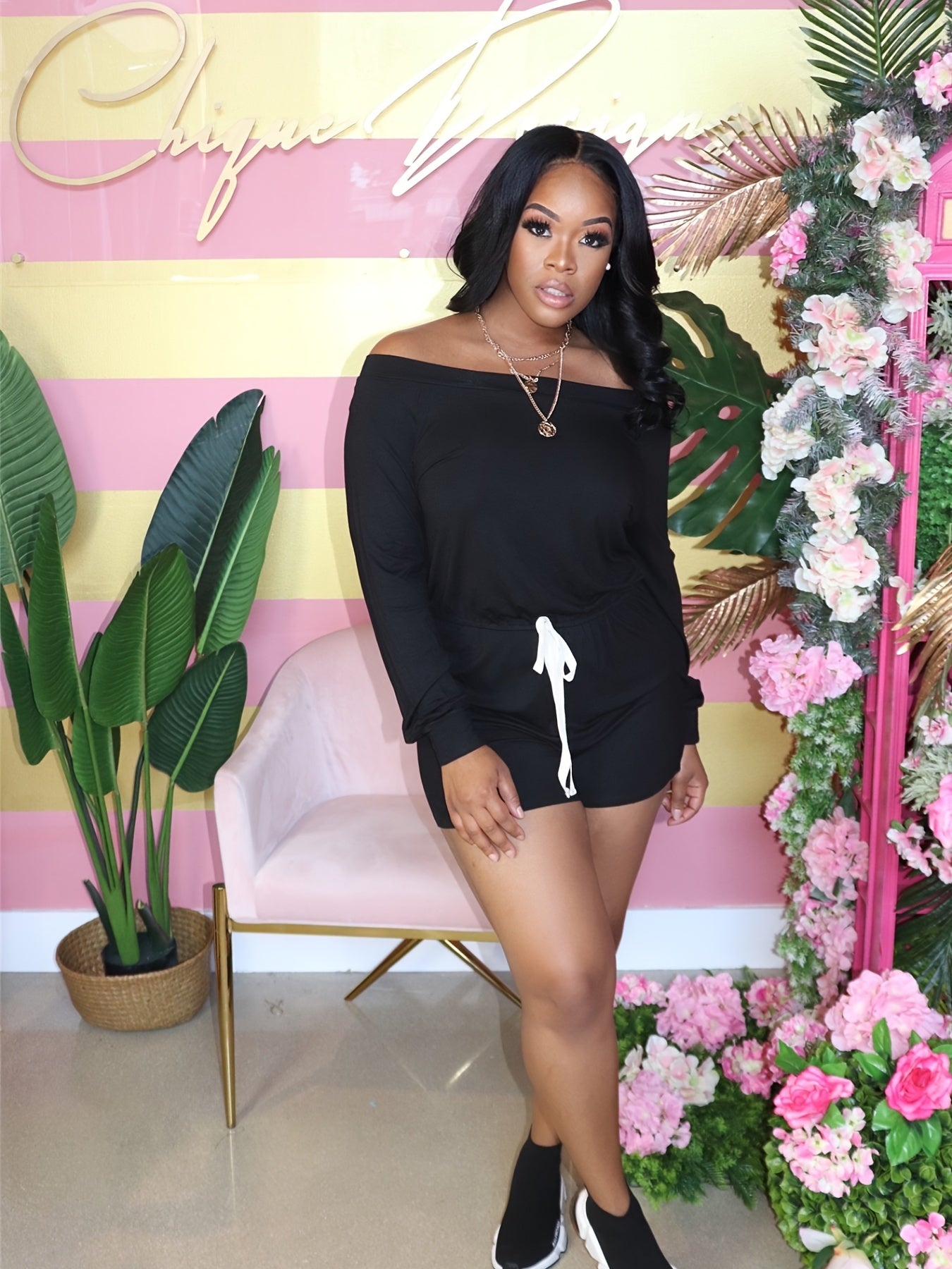 Off Shoulder Drawstring Waist Jumpsuit Long Sleeve Romper