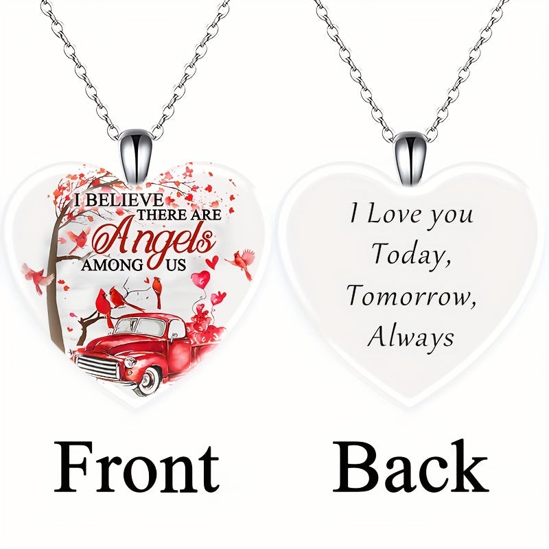 Red Bird & Car Love Heart Crystal Pendant Necklace for Women