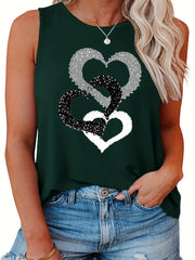  Casual Tank Top Women's Heart Print Round Neck Stretch Tank Top