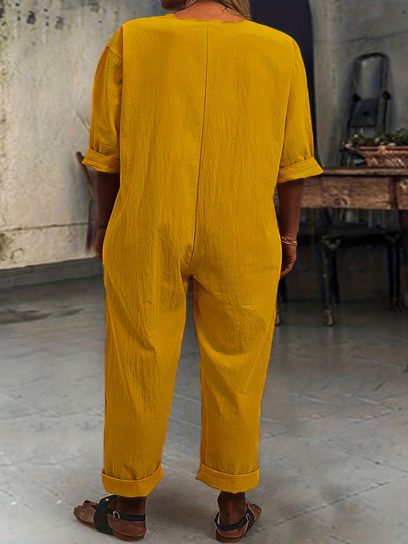  Half Sleeve Round Neck Button Up Jumpsuit