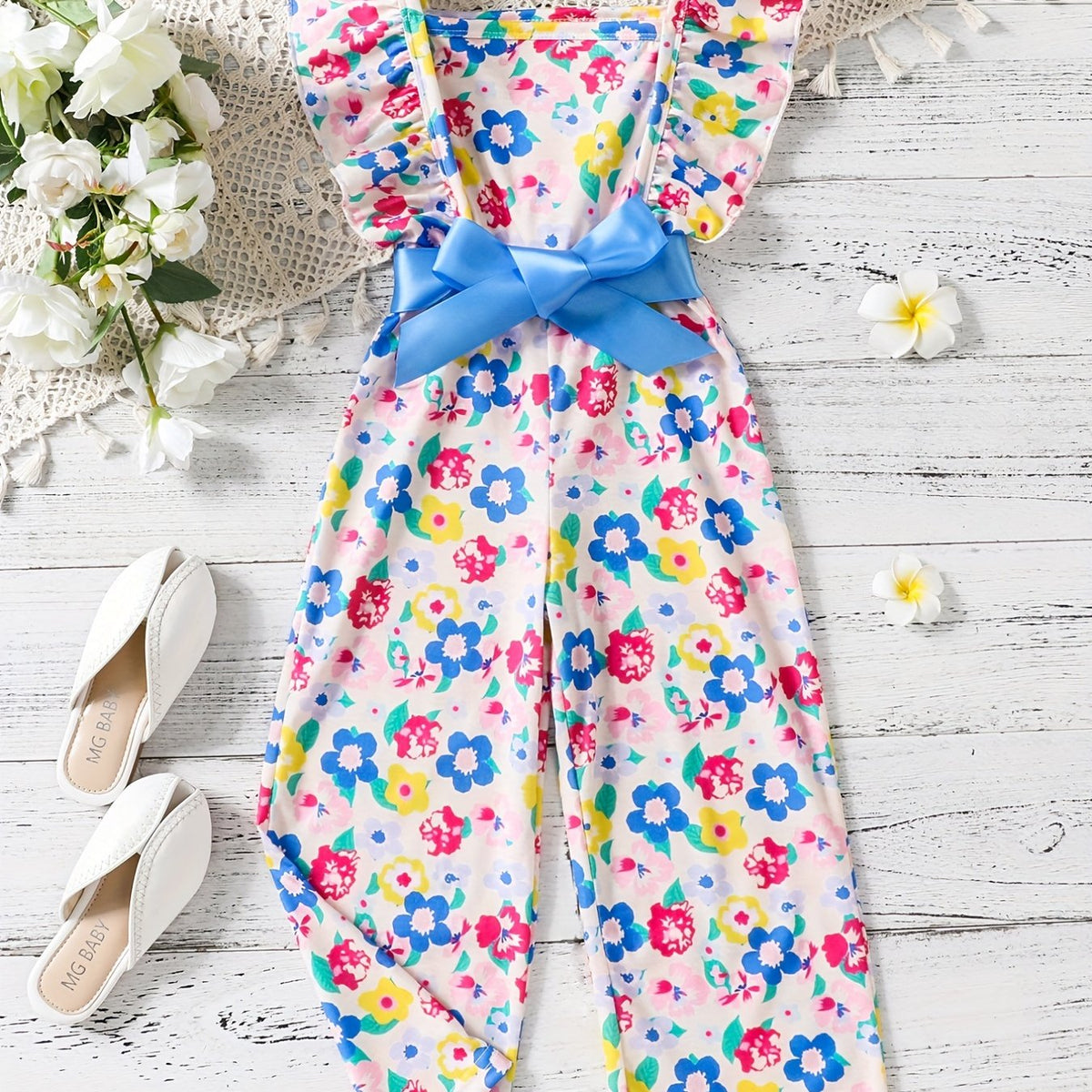 Girls Bow Floral Print Ruffle Sleeve Rompers Comfortable Casual Jumpsuit