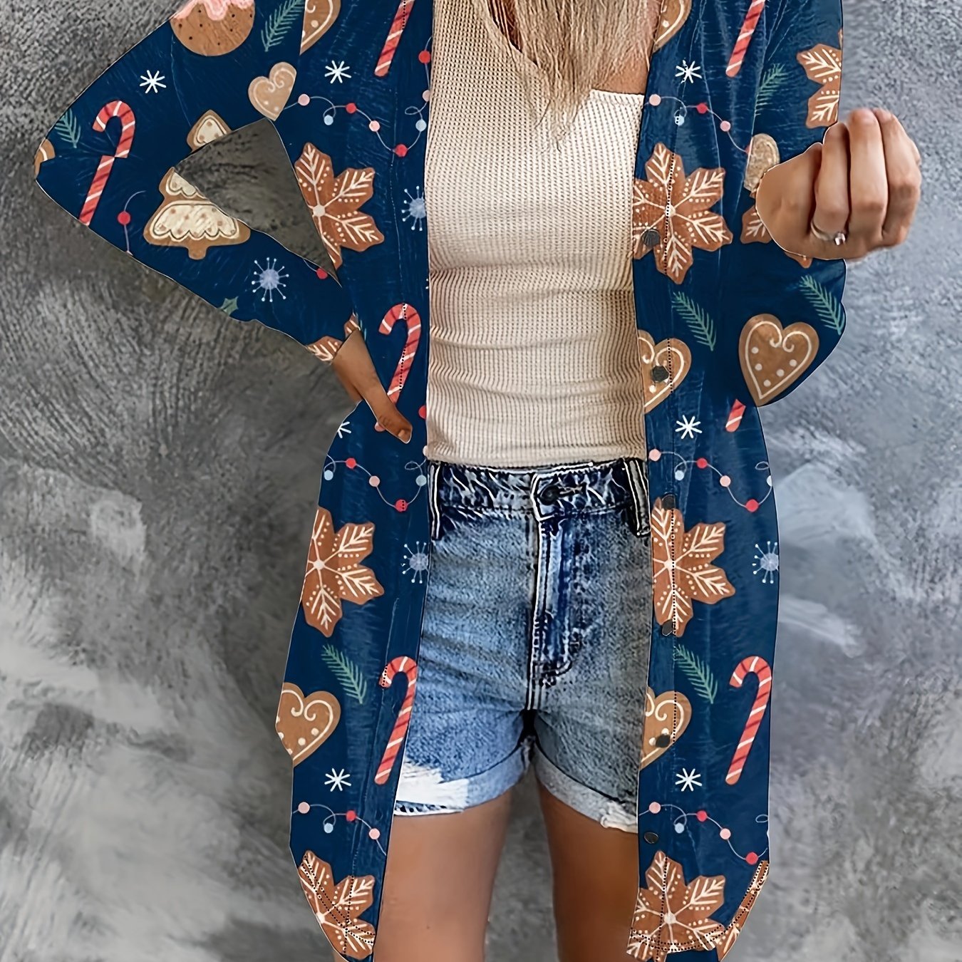  Christmas Casual Cardigan Women's Plus Graphic Print Long Sleeve