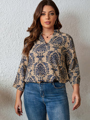  Boho Blouse Women's Plus Damask Print Notched Neck Blouse