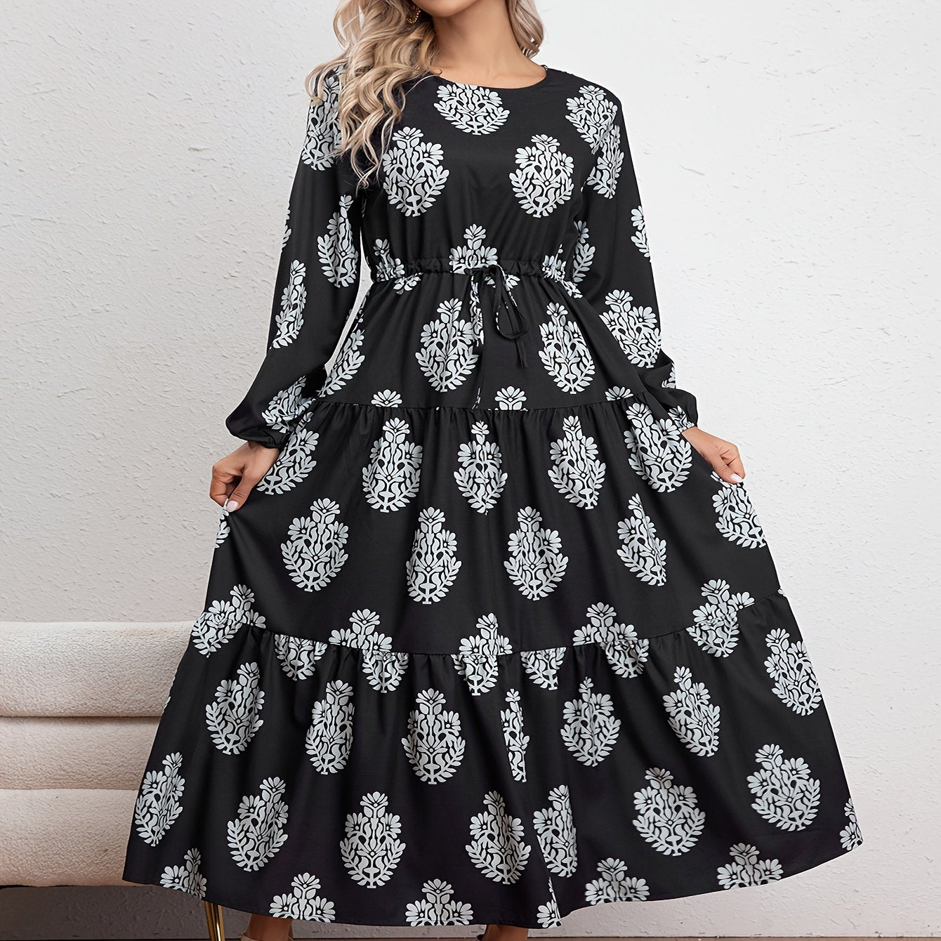  Casual Dress Women's Plus Floral Print Long Sleeve