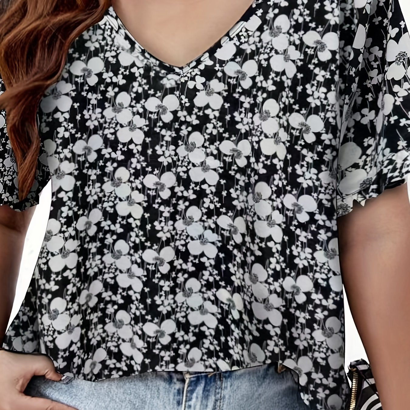  Casual Blouse Women's Plus Allover Floral Print V Neck T