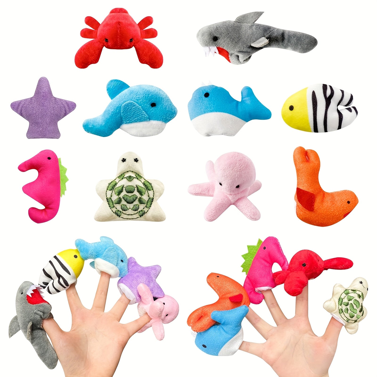 10pcs Soft Plush Finger Puppets Marine Animals with Expressive Eyes & Mouths