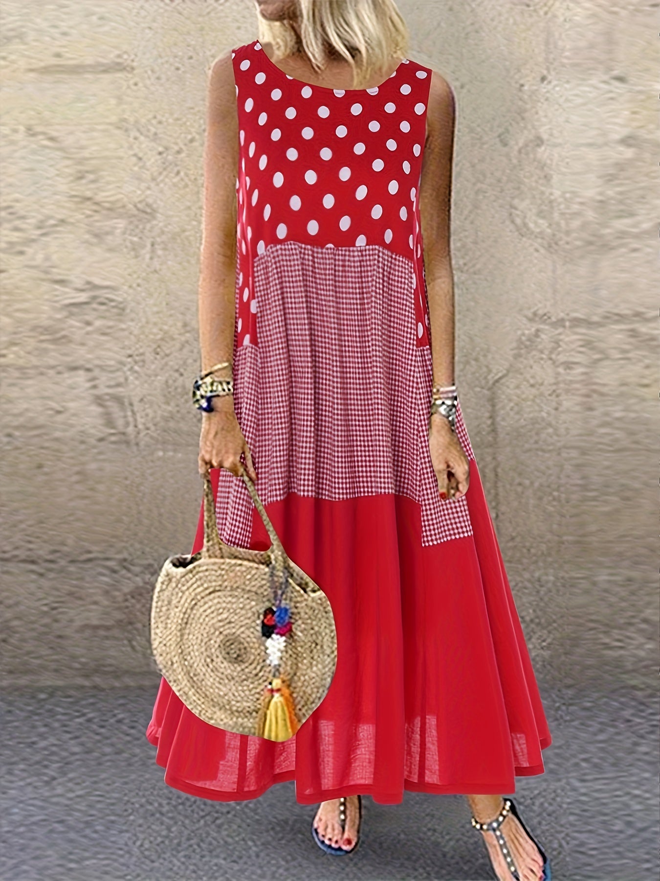  Boho Polka Dot Print Dress Round Neck Tank