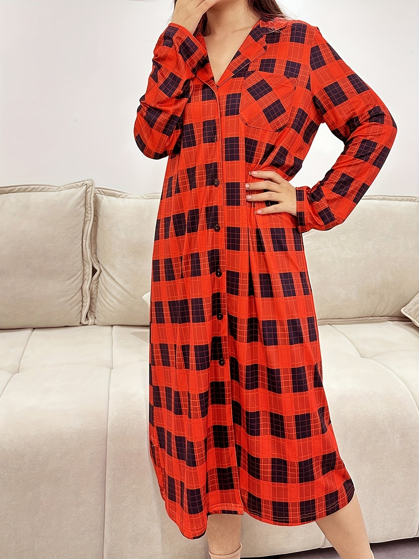 Plaid Print Button Lounge Dress Lapel Pocket Long Sleeve