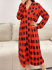 Plaid Print Button Lounge Dress Lapel Pocket Long Sleeve