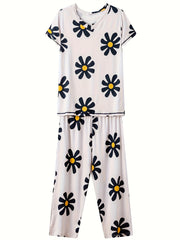 Floral Print Pajama Set V Neck Top & Lounge Pants Women's Sleepwear