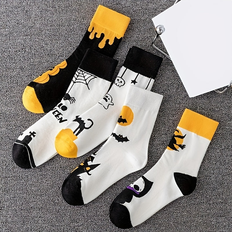 5 Pairs Halloween Crew Socks Skull & Pumpkin Print Stockings Women's Hosiery