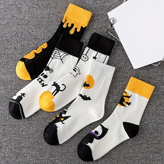 5 Pairs Halloween Crew Socks Skull & Pumpkin Print Stockings Women's Hosiery