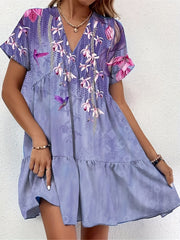  Floral Print V-Neck Ruffle Trim Dress