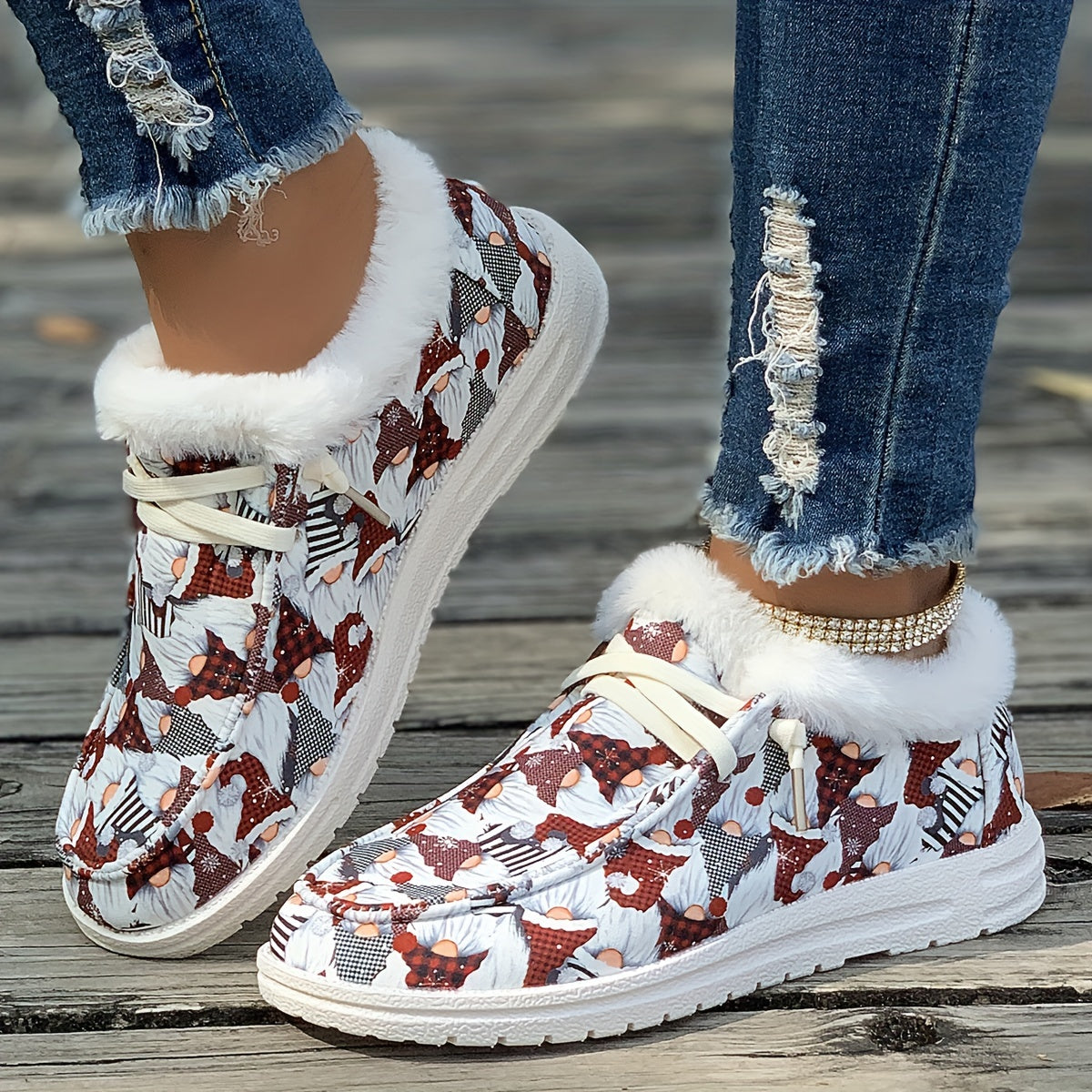 Christmas Santa Claus Print Women's Sneakers Warm Slip On Walking Shoes