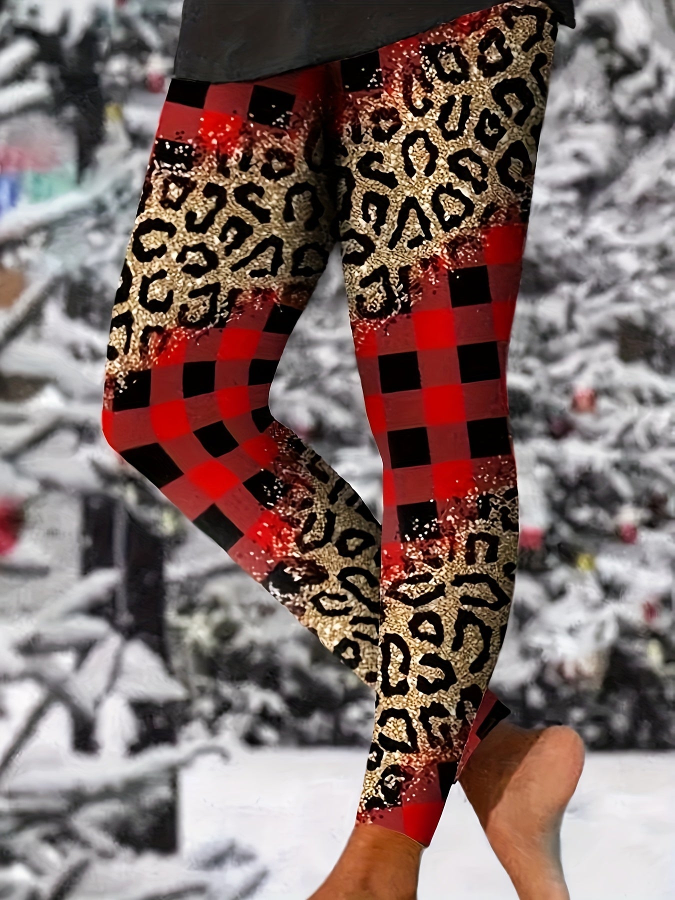  Colorblock & Leopard Print Skinny Trousers