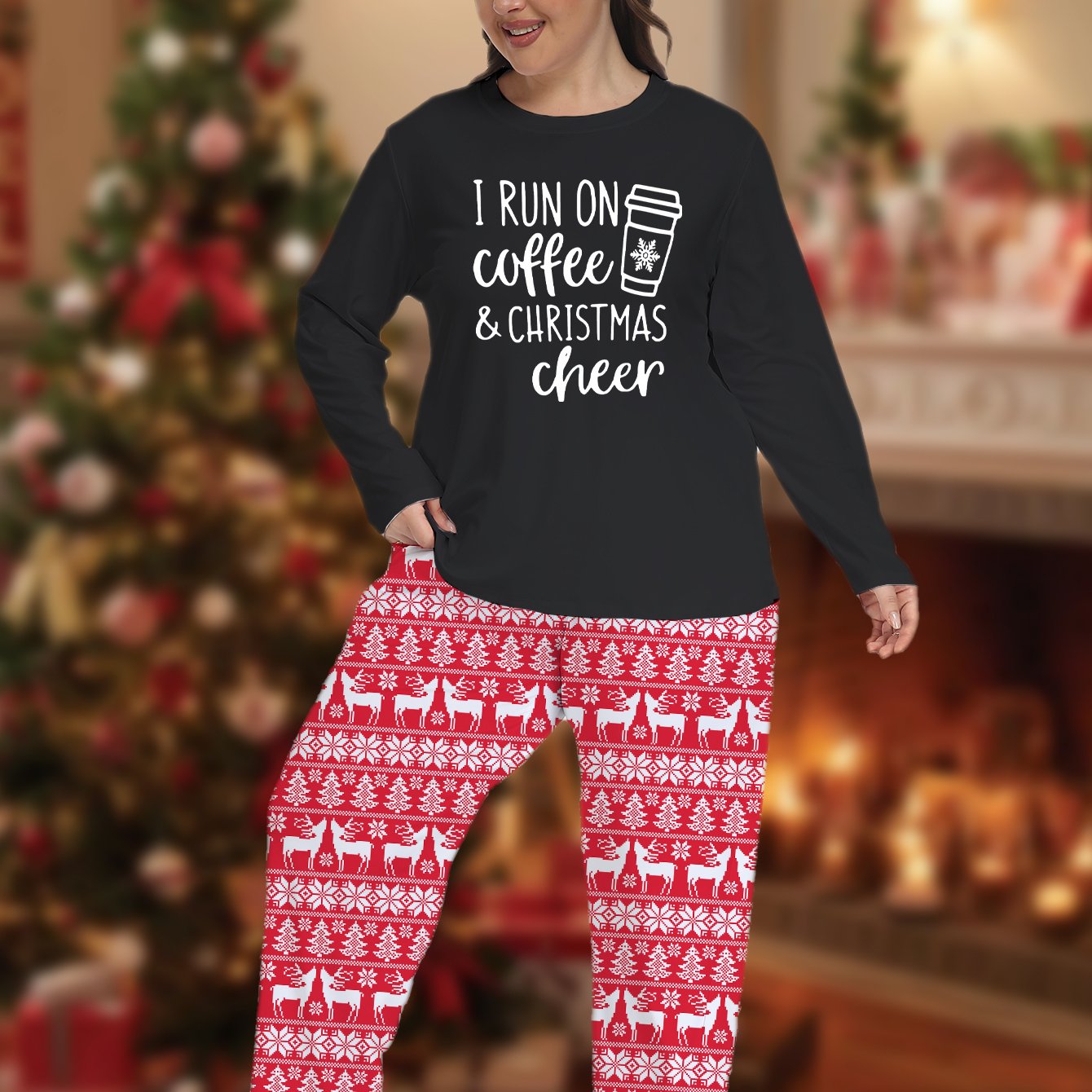  Coffee Graphic Long Sleeve Tee & Striped Pants Lounge Set