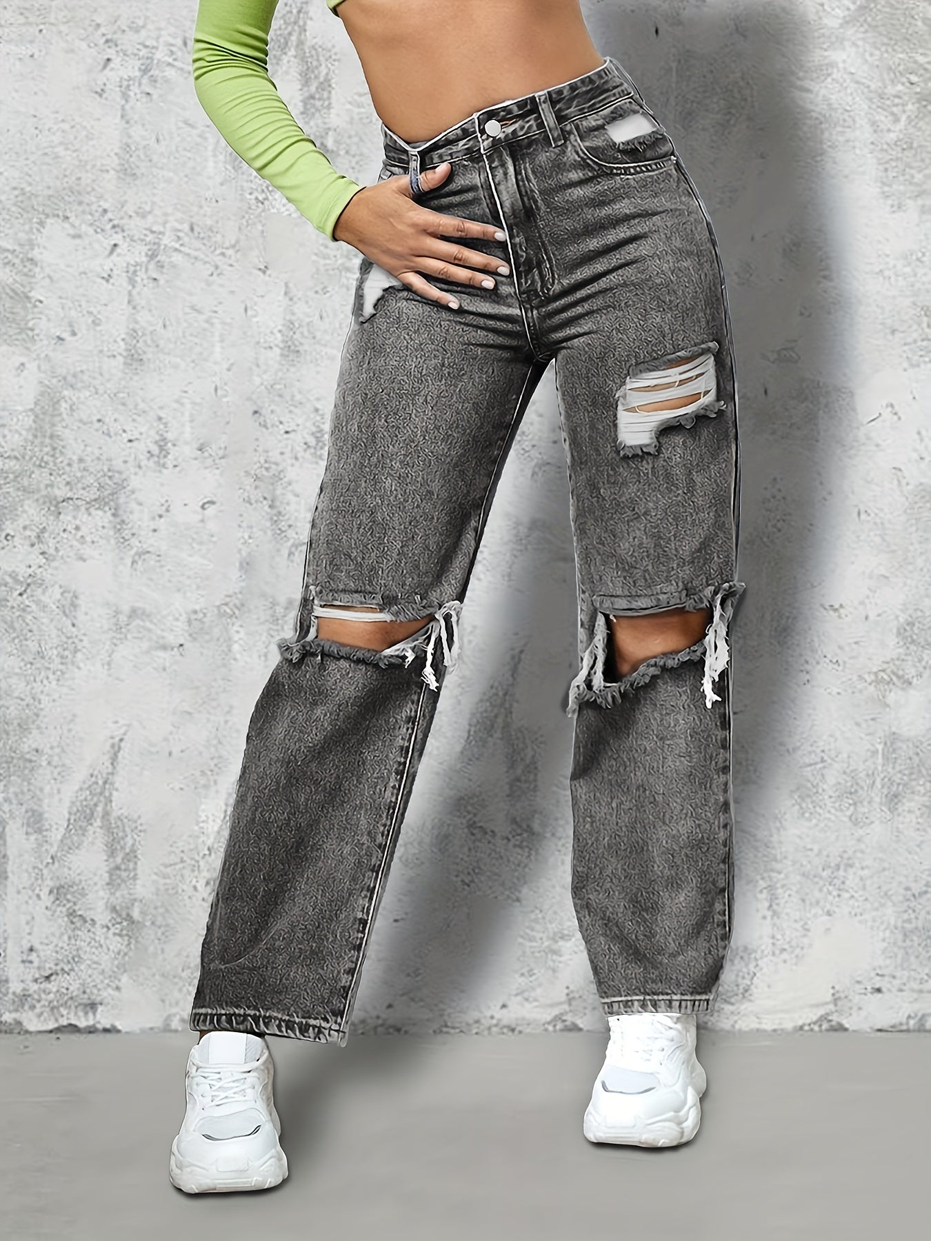 Dark Grey Ripped Straight Jeans High Rise Distressed Denim Pants