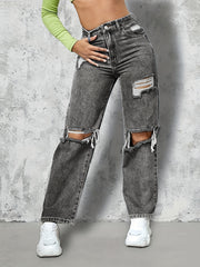 Dark Grey Ripped Straight Jeans High Rise Distressed Denim Pants