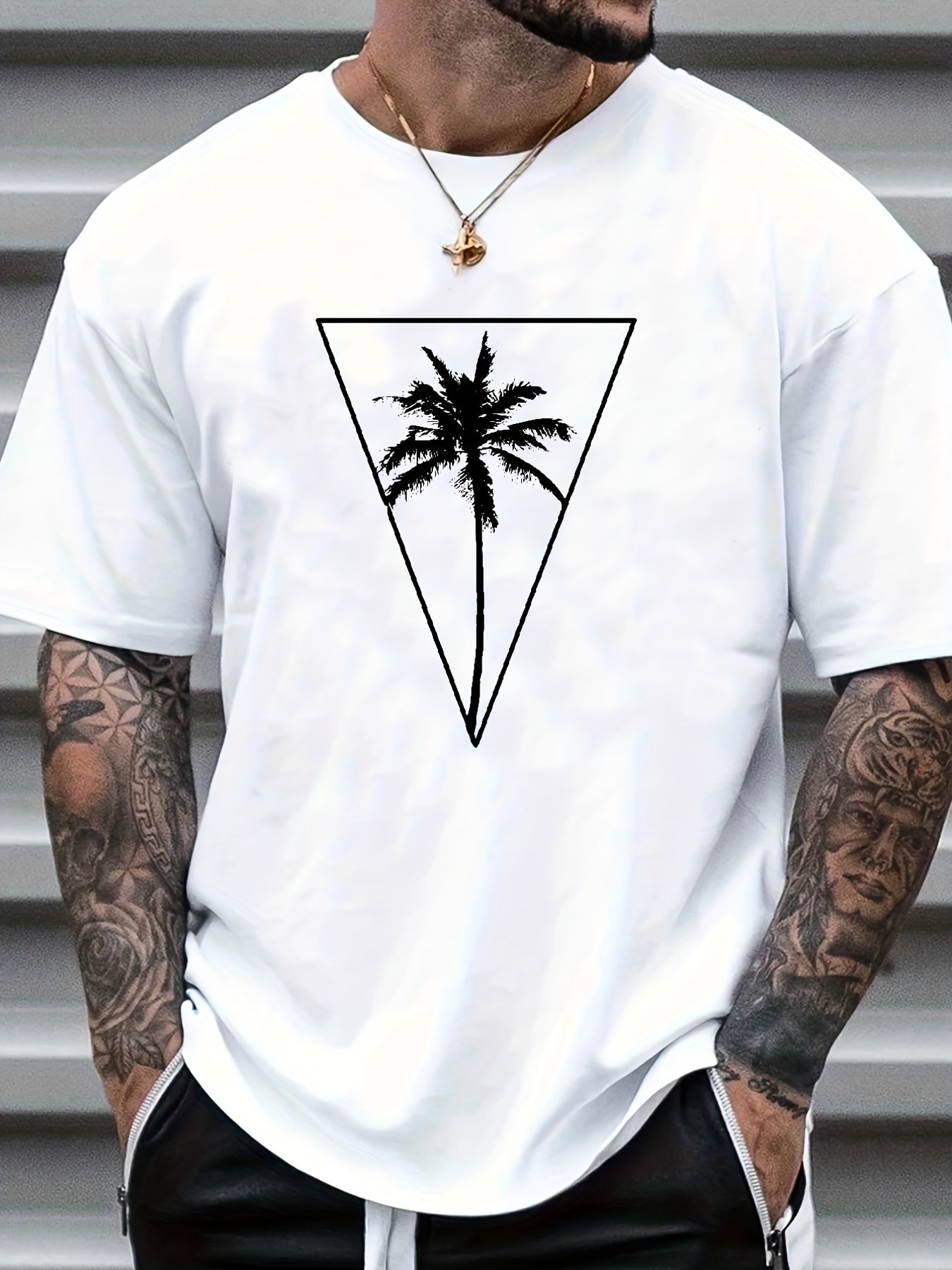 Coconut Palm Print Men's Graphic Crew Neck T-shirt for Summer