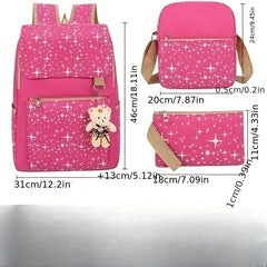 3-Pc Preppy Star Pattern Bag Set: Backpack, Crossbody Bag & Clutch Pouch
