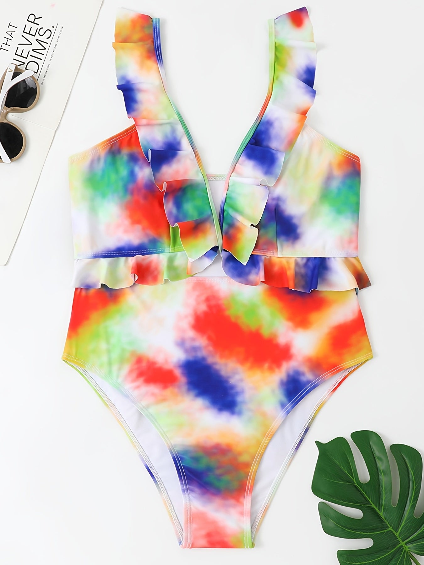  Tie Dye Print One Piece Swimsuit Ruffle Trim High Stretch Bathing Suit