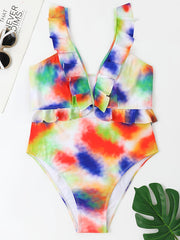  Tie Dye Print One Piece Swimsuit Ruffle Trim High Stretch Bathing Suit