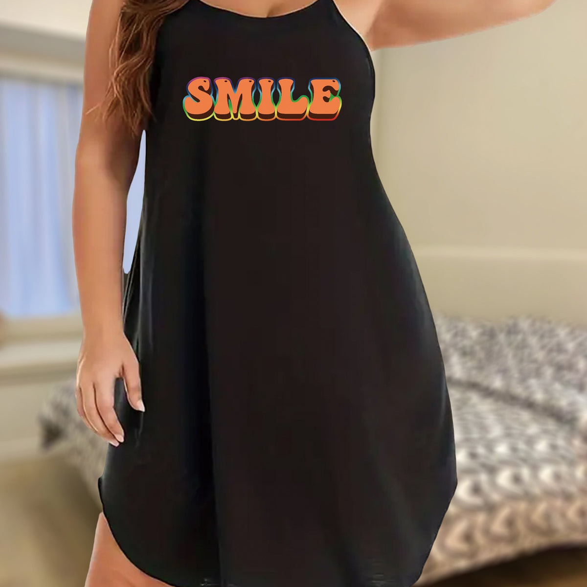  Basic Nightdress Women's Plus Slogan Print Round Neck