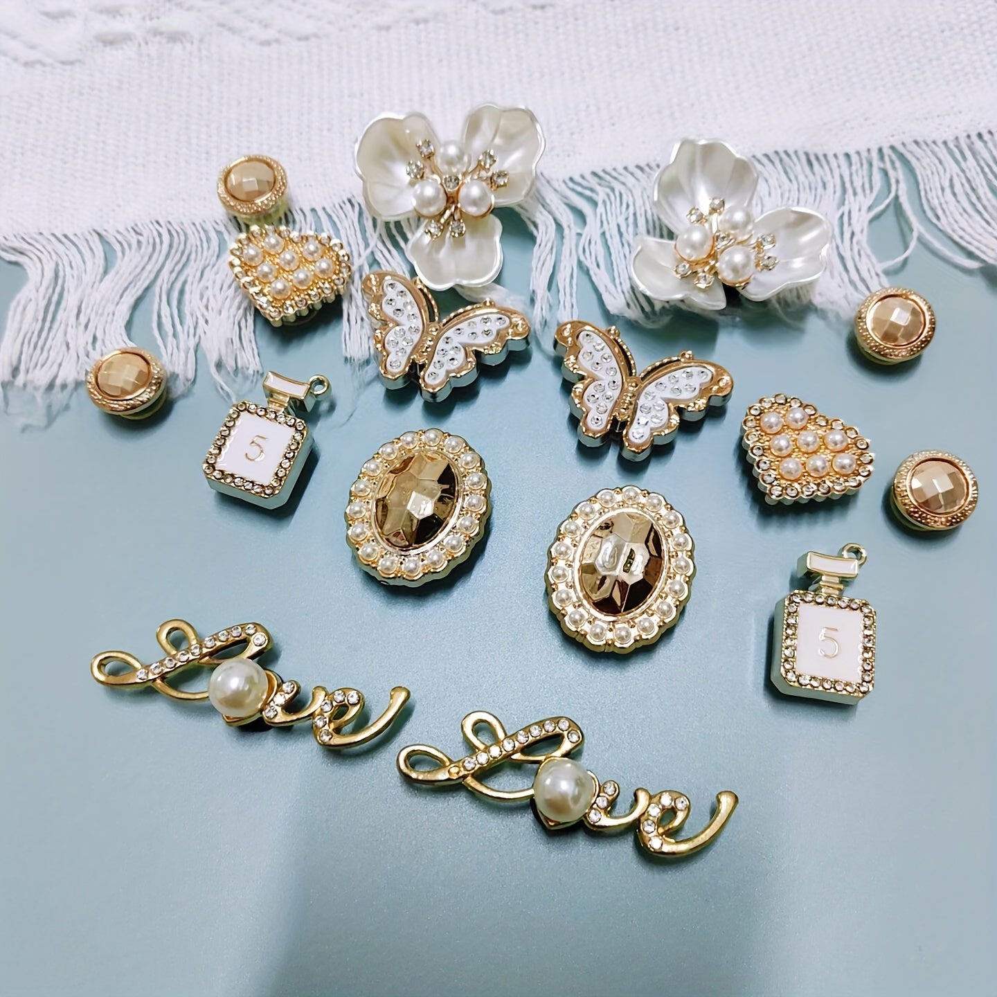Stylish Shoe Accessories Clover Flower Rhinestone Pearl Chain Party Set