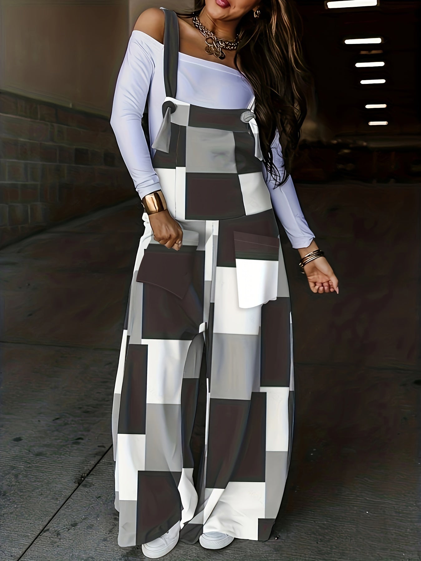 Plus Denim Print Square Neck Wide Leg Jumpsuit