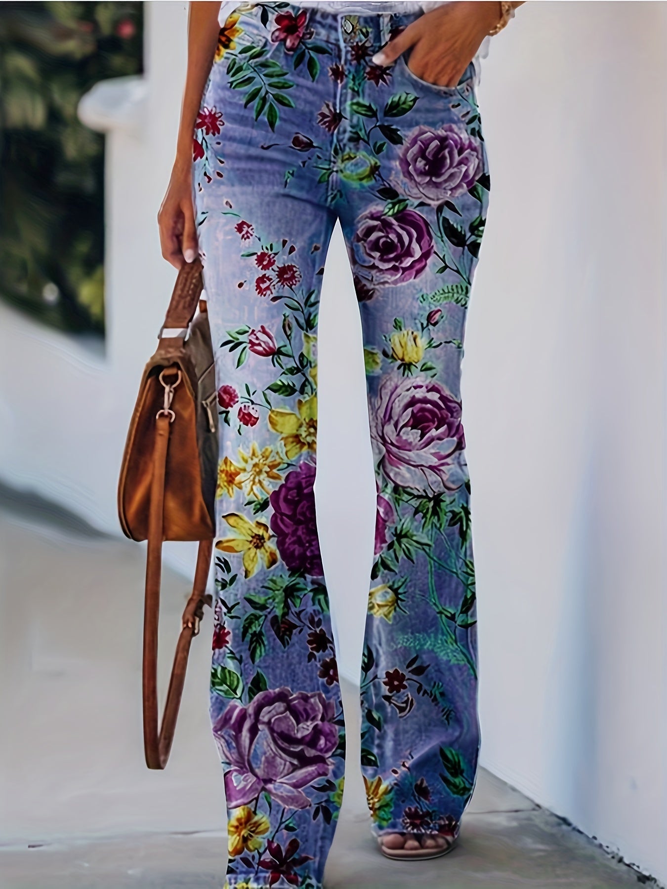  Women's Floral & Denim Print Flared Leg Trousers