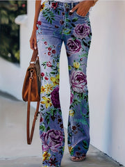  Women's Floral & Denim Print Flared Leg Trousers