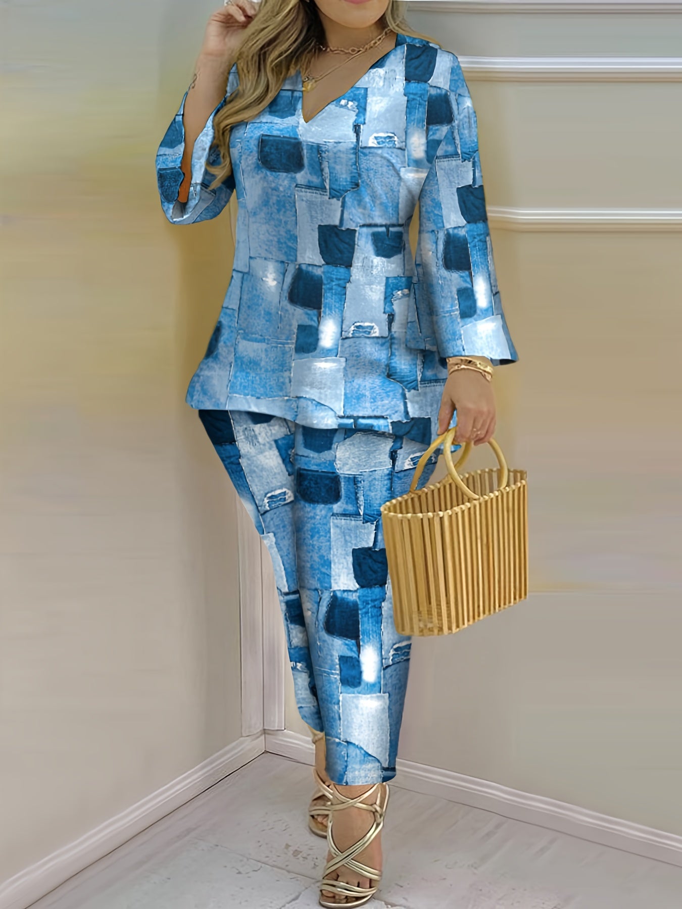  Denim Print Bell Sleeve Top & Pants Set