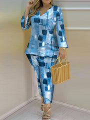  Denim Print Bell Sleeve Top & Pants Set