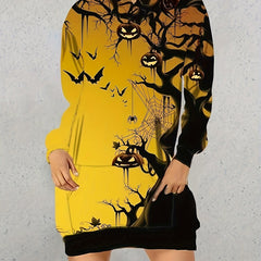 Women's Plus Monster & Pumpkin Print Hooded Sweatshirt Dress