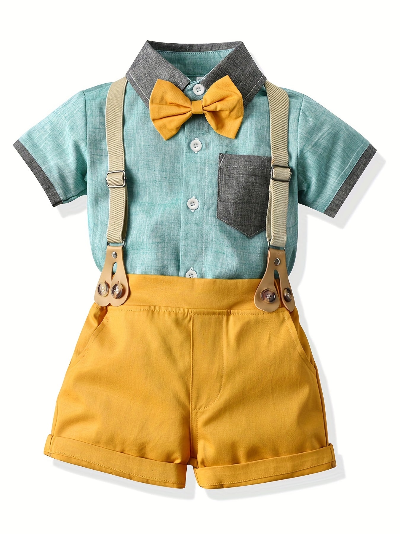2pcs Toddler Boys Gentleman Outfit Short Sleeve Button Pocket Bowtie Shirt & Sho