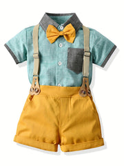 2pcs Toddler Boys Gentleman Outfit Short Sleeve Button Pocket Bowtie Shirt & Sho