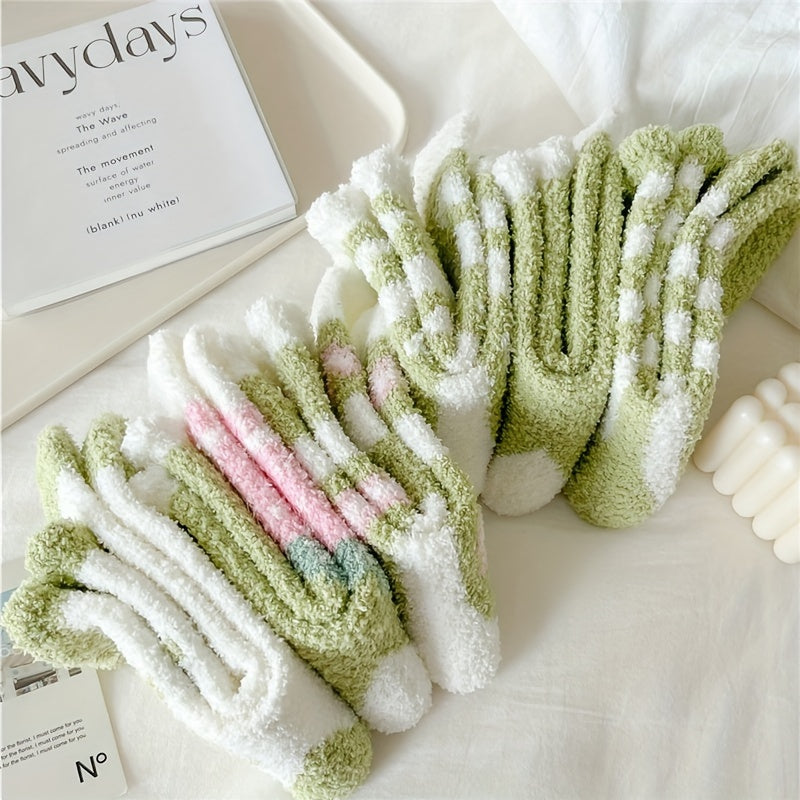 6 Pairs Heart & Stripe Pattern Plush Socks Soft Mid Tube Women's Stockings