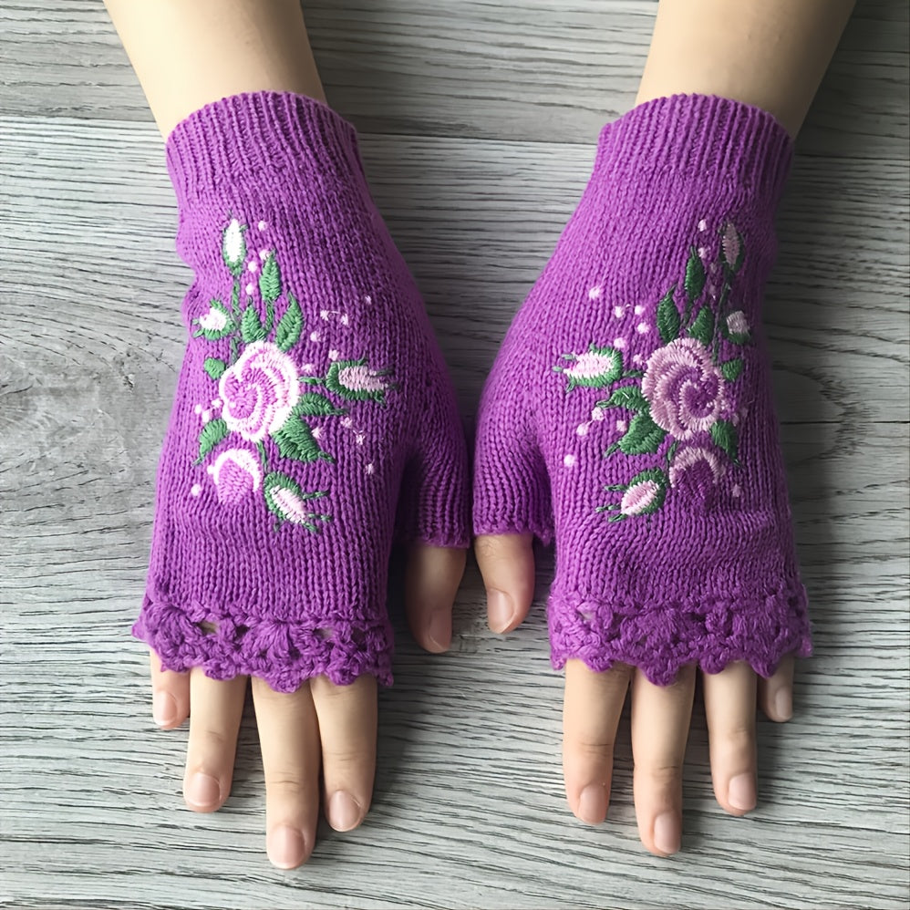 Women's Flower Knit Fingerless Gloves