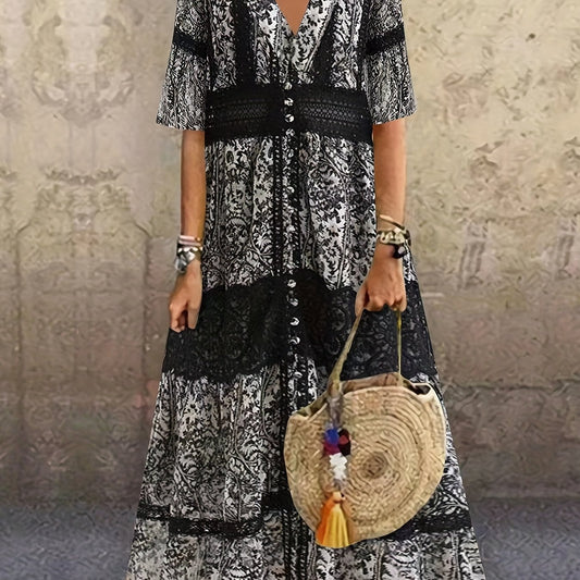  Colorblock Paisley Print V Neck Maxi Dress