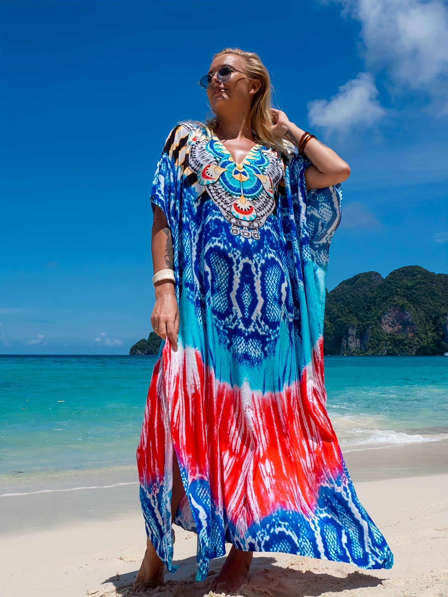  Boho Cover Up Women's Plus Tribal & Leopard Print Batwing Sleeve V Nec