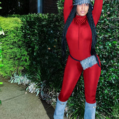 Solid Skinny Zip Up Jumpsuit Long Sleeve Stretchy Women's Clothing