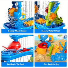 4 Layer Sand and Water Table Toy Set with Rain Shower Splash Pool