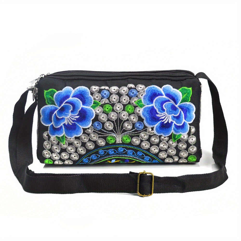 Embroidery Crossbody Bag with Three Zip Shoulder Design