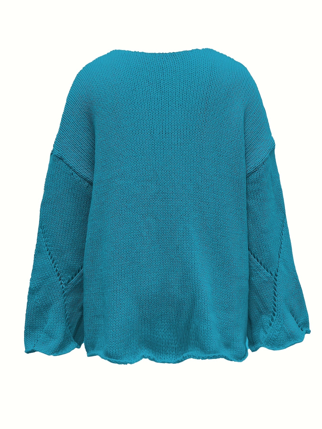V Neck Hollow Out Solid Knit Sweater Long Sleeve