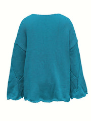 V Neck Hollow Out Solid Knit Sweater Long Sleeve