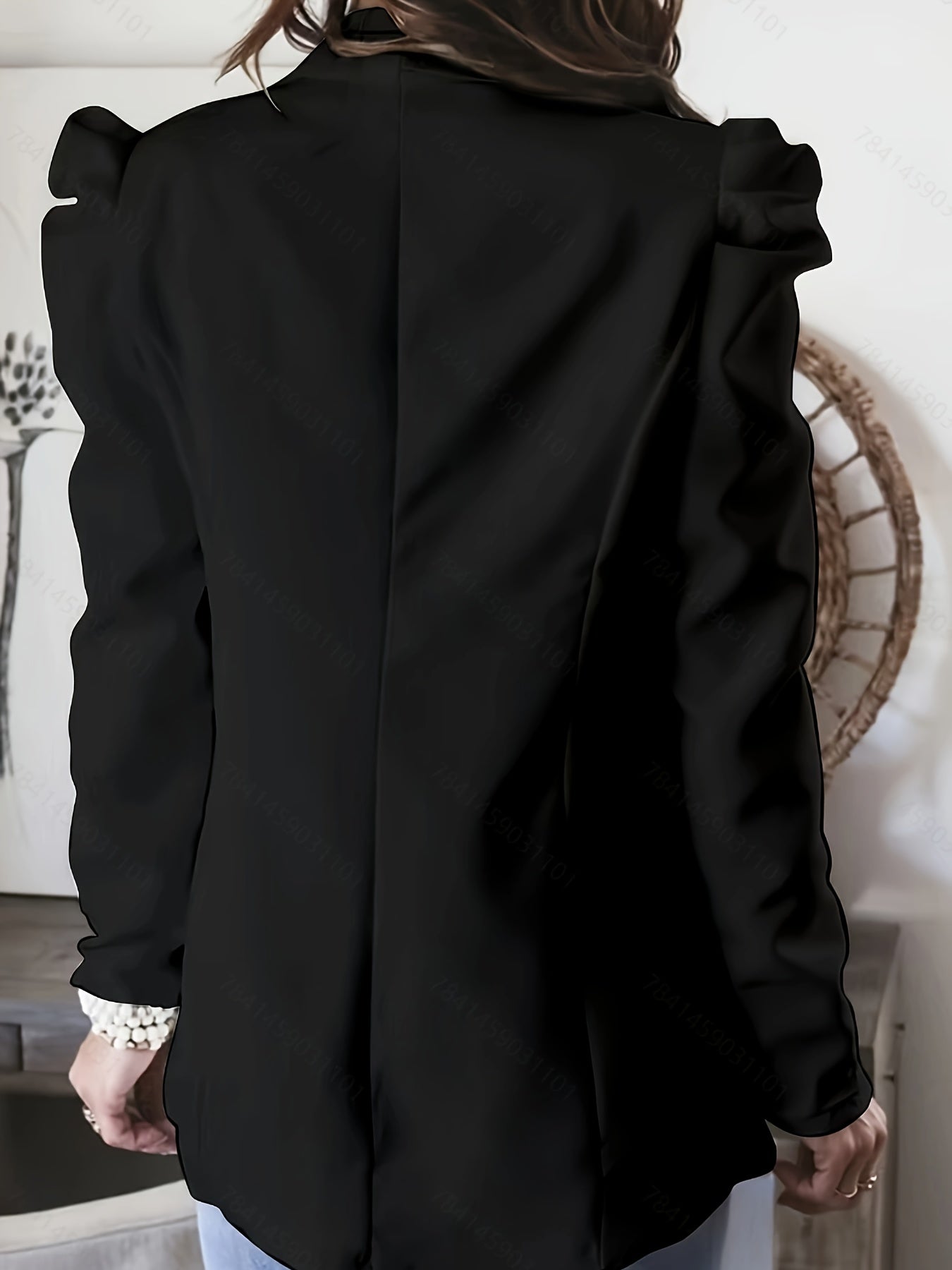  Solid Long Puff Sleeve Blazer With Lapel Collar