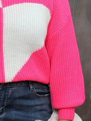  Colorblock Heart Print Round Neck Sweater
