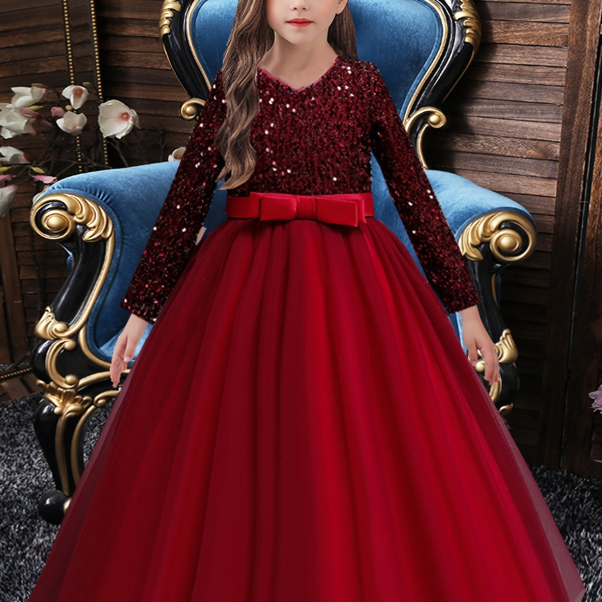 Girls Long Sleeve Tulle Sequined Ball Gown Dress