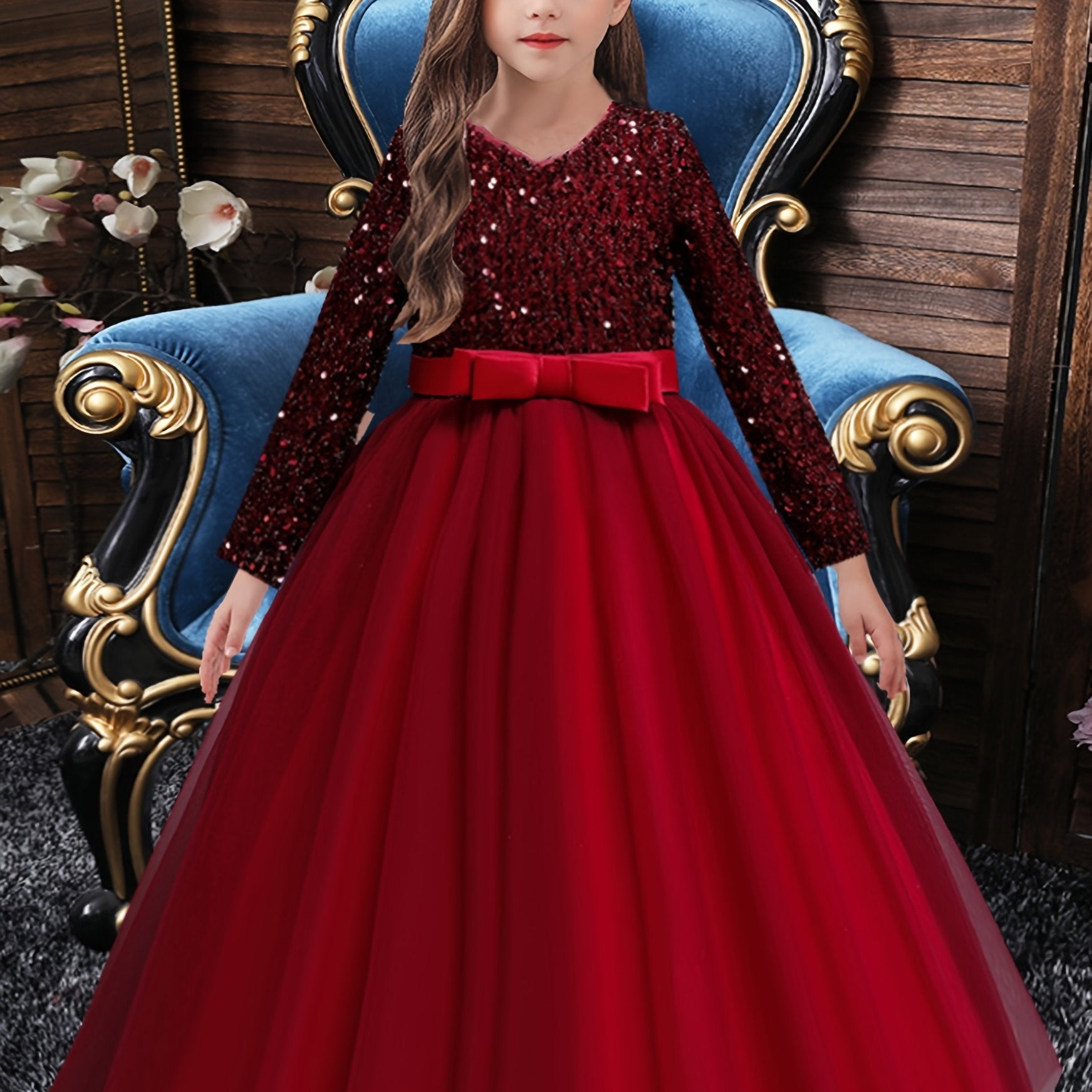 Girls Long Sleeve Tulle Sequined Ball Gown Dress